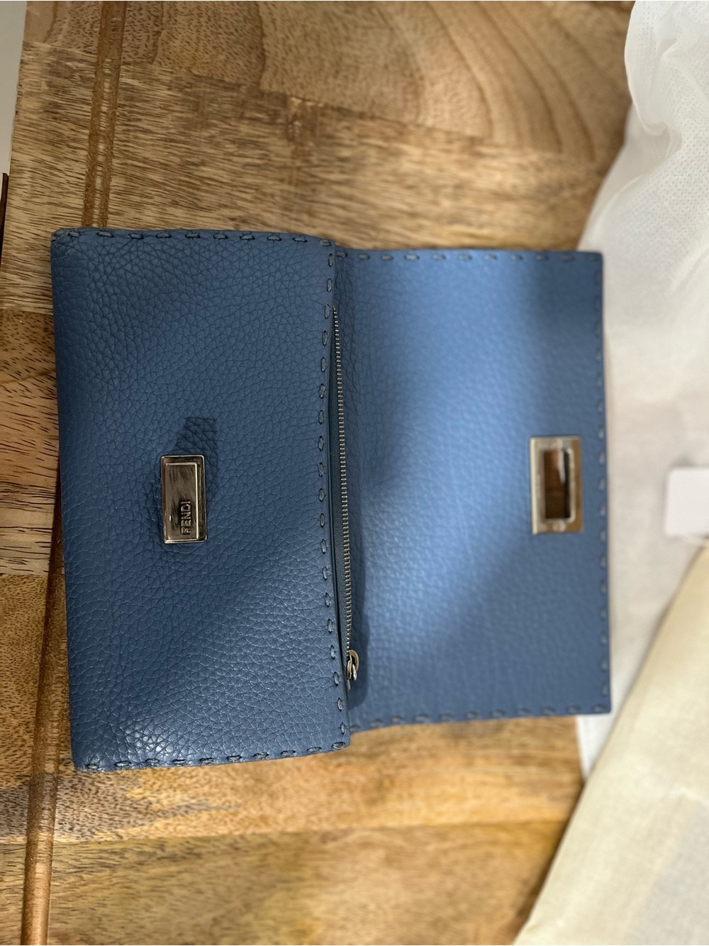 Fendi Blue Pebbled Leather Small Wallet